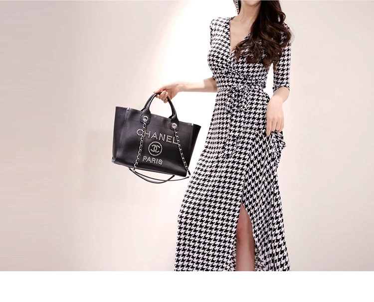 Thời trang nữ bầu không khí khí chất váy 2019 phụ nữ mới cơ thể giảm béo houndstooth váy nữ mùa hè - Váy eo cao