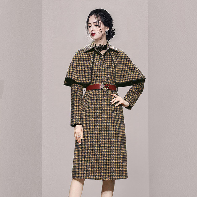 Winter woolen coat women's cloak shawl style 2021 new royal sister style fashion medium waist coat dress