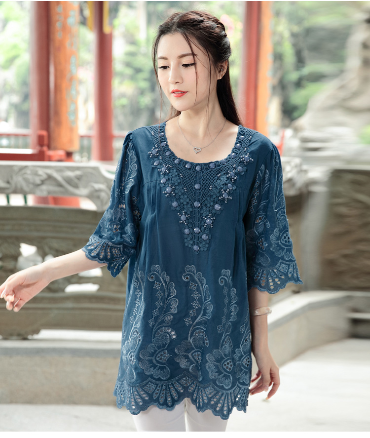 Summer New Retro Chinese Wind Embroidery Women Blouse Hollow Out Round Neck Plus Size Art Blouse Shirt Top Blusas 782F 30 (Us 14-18W)