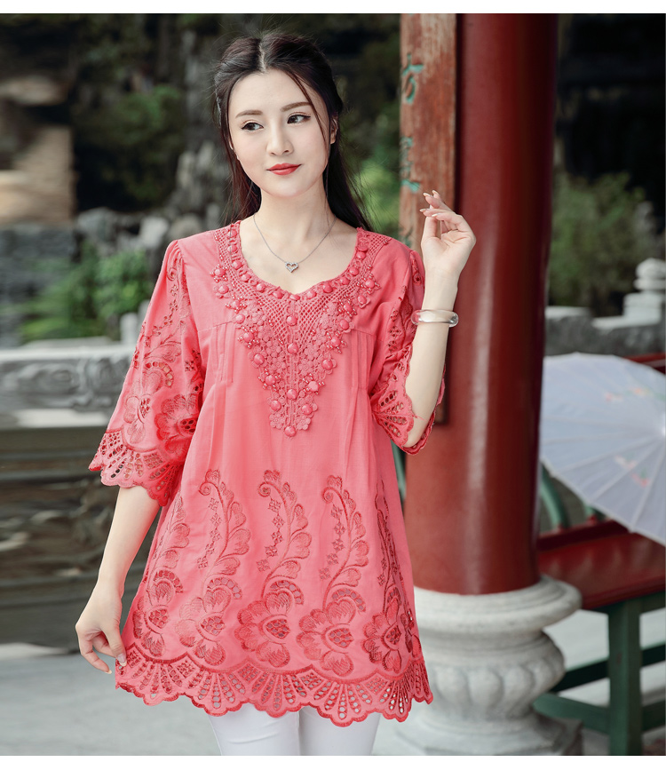 Summer New Retro Chinese Wind Embroidery Women Blouse Hollow Out Round Neck Plus Size Art Blouse Shirt Top Blusas 782F 30 (Us 14-18W)