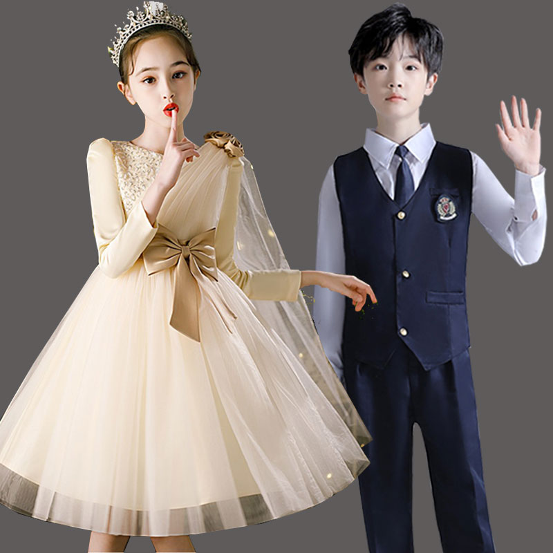 Children's dance plays out for girls Princess Pompongdresses Primary and secondary school Children's kindergarten big choral dress host gown-Taobao