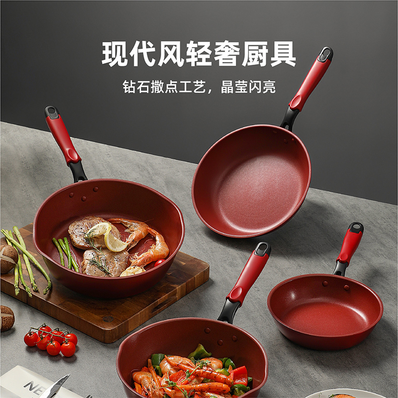 Red Circle Temperature-Sensitive Color-Changing Small Red Frying Pan Non-Stick Frying Pan Wok for Home Use on Gas Stoves and Induction Cookers