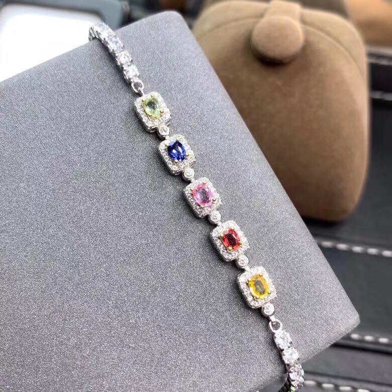 New Natural Sri Lankan Colored Sapphire Bracelet for Women, Rainbow Color, High Clarity, Good Fire and Color Gemstone