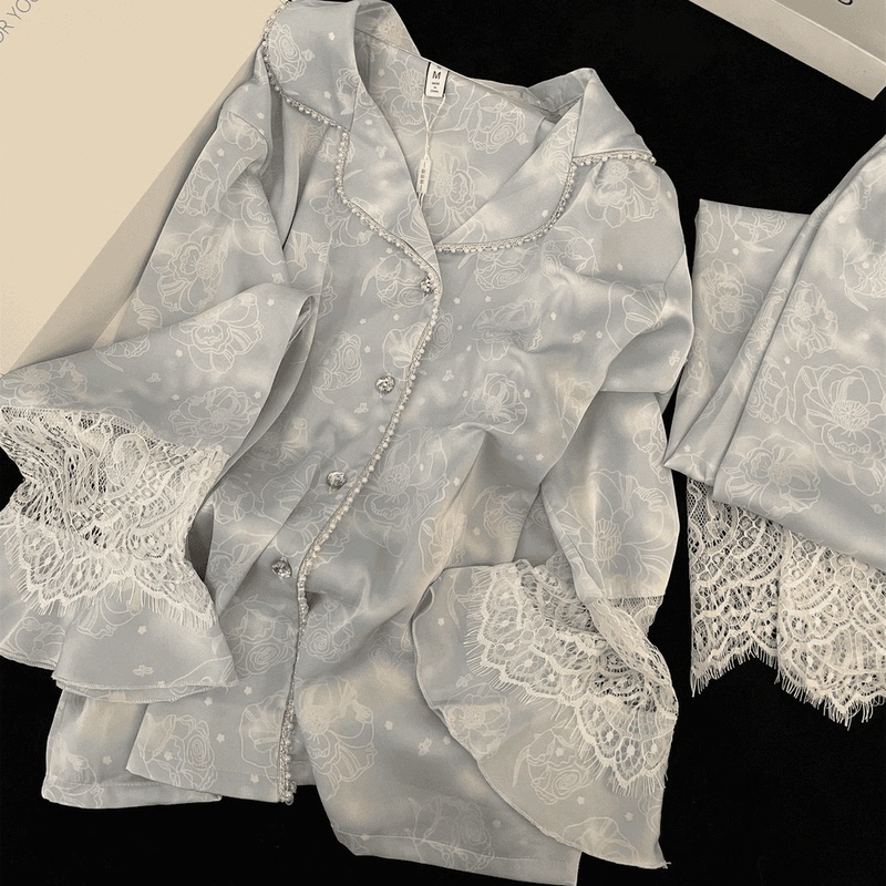 Ice Silk Pajamas for Women 2026 New Summer Long-Sleeved Long Pants Lace Elegant Butterfly Home Wear Set Can Be Worn Outside