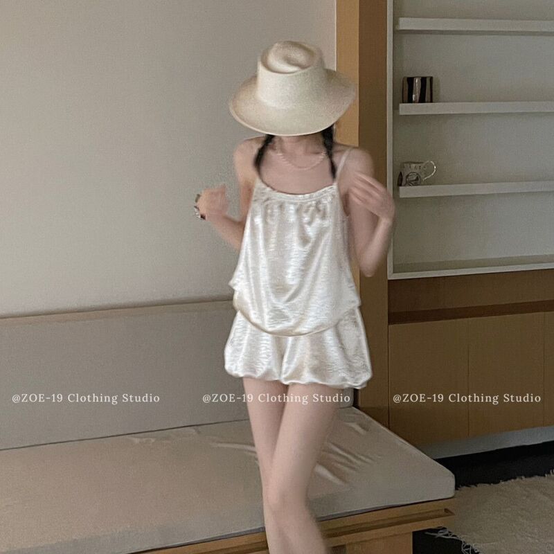 Sweet and Girly Suspender Pajamas for Women, 2026 New Summer Style with Chest Pads, Imitation Acetate Three-Piece Home Wear Set for Spring