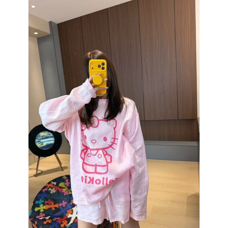 Sweet Pink Pajamas for Women 2026 New Summer Cartoon Kt Cat Girly Style Long-Sleeved Shorts Home Wear Set Sweet Pink Pajamas for Women 2026 New Summer Cartoon Kt Cat Girly Style Long-Sleeved Shorts Home Wear Set