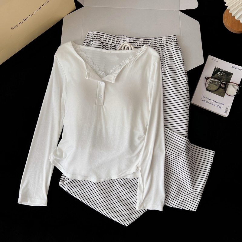 Modal Cotton Pajamas for Women, Spring and Autumn Korean Style Pure Desire Style Fake Two-Piece Set with Chest Pads, Home Wear Set for Outerwear