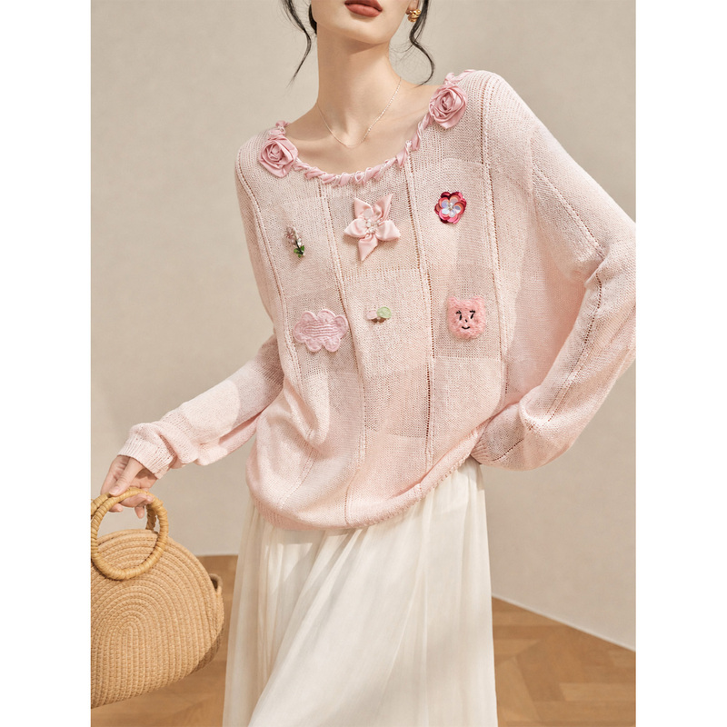 Flowing Era Autumn Women's Three-Dimensional Decorative Rose Round Neck Knit Sweater Top Gentle Style Pink Sweater Flowing Era Autumn Women's Three-Dimensional Decorative Rose Round Neck Knit Sweater Top Gentle Style Pink Sweater