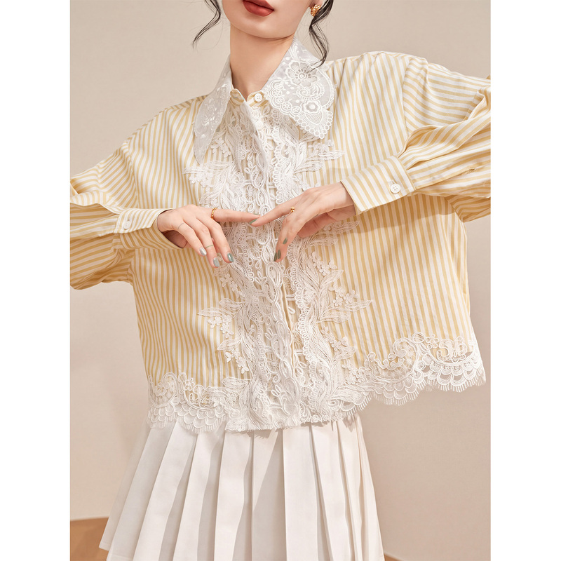 Flowing Era French-Style Elegant Blouse with Heavy Lace Splicing, Long-Sleeved Striped Shirt for Autumn Wear