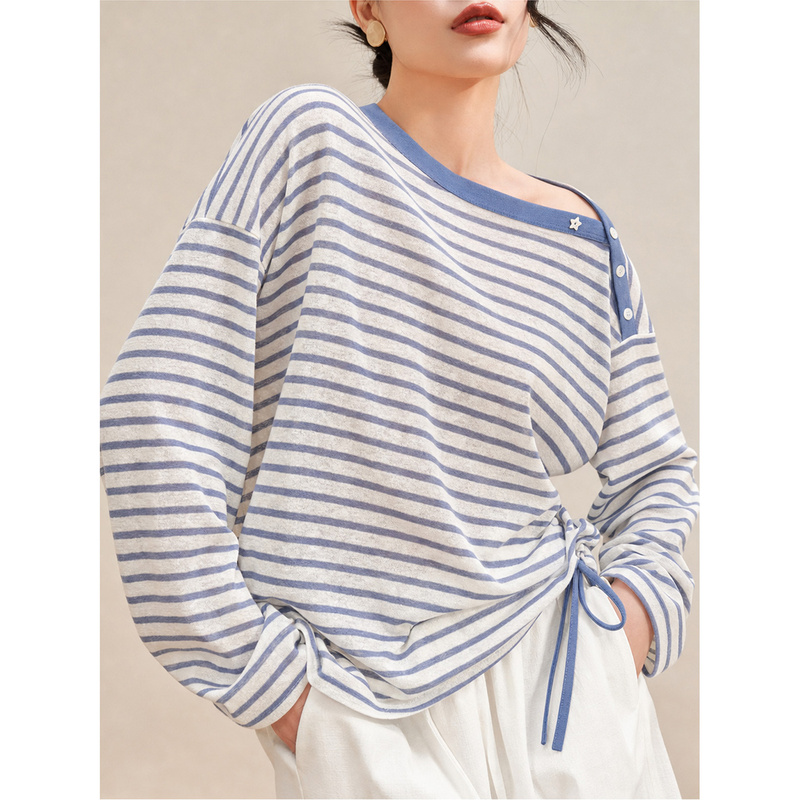 Flowing Era Blue Asymmetrical Button Off-Shoulder Top Korean Style Outfit Striped Drawstring Long-Sleeve Blouse T-Shirt for Women Flowing Era Blue Asymmetrical Button Off-Shoulder Top Korean Style Outfit Striped Drawstring Long-Sleeve Blouse T-Shirt for Women