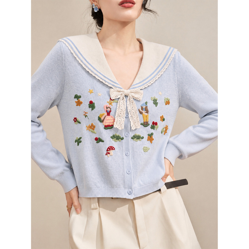 Flowing Era Blue Lace Sailor Collar Top Autumn New Women's Clothing Childlike Embroidery Thin Knitted Cardigan