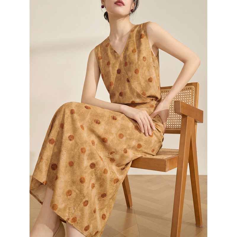 Flowing Era Summer French Style Vest Dress Long Dress Women's V-Neck Polka Dot Sleeveless Dress