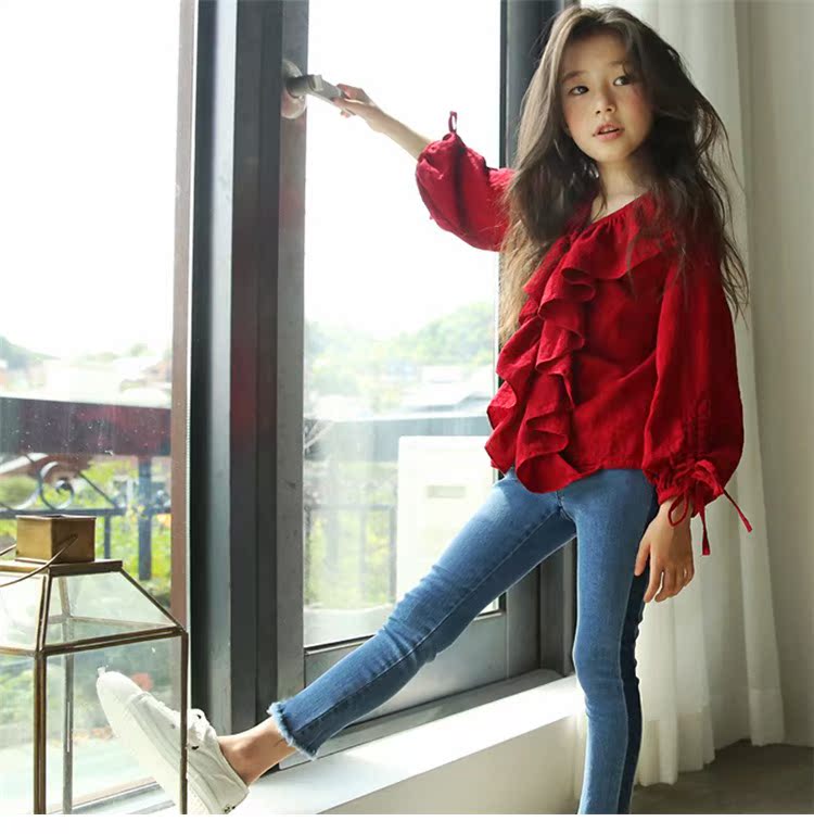 Áo sơ mi bé gái mùa thu 2018 mới phiên bản Hàn Quốc của bé gái cổ sen lá sen cổ chữ V kiểu dáng công chúa nước ngoài dài tay áo sơ mi trẻ em 10 tuổi