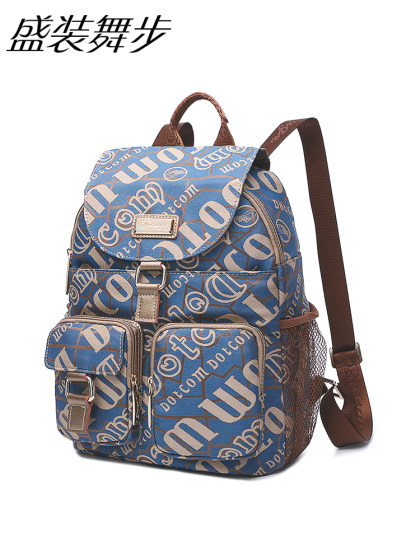 盛装舞步休闲新款时尚韩版潮流帆布配牛皮双肩包女包旅行背包M429