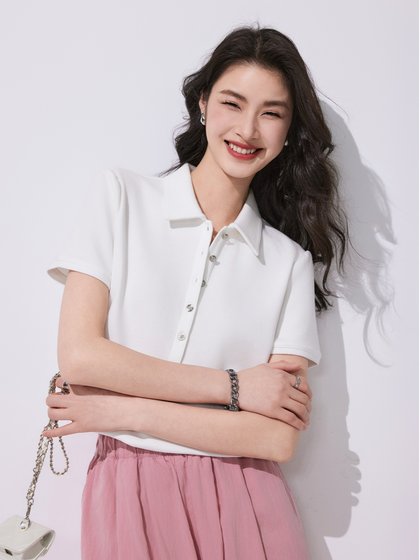 初棉轻氧感花苞袖polo领休闲短袖T恤女 24夏季显瘦正肩珠地polo衫