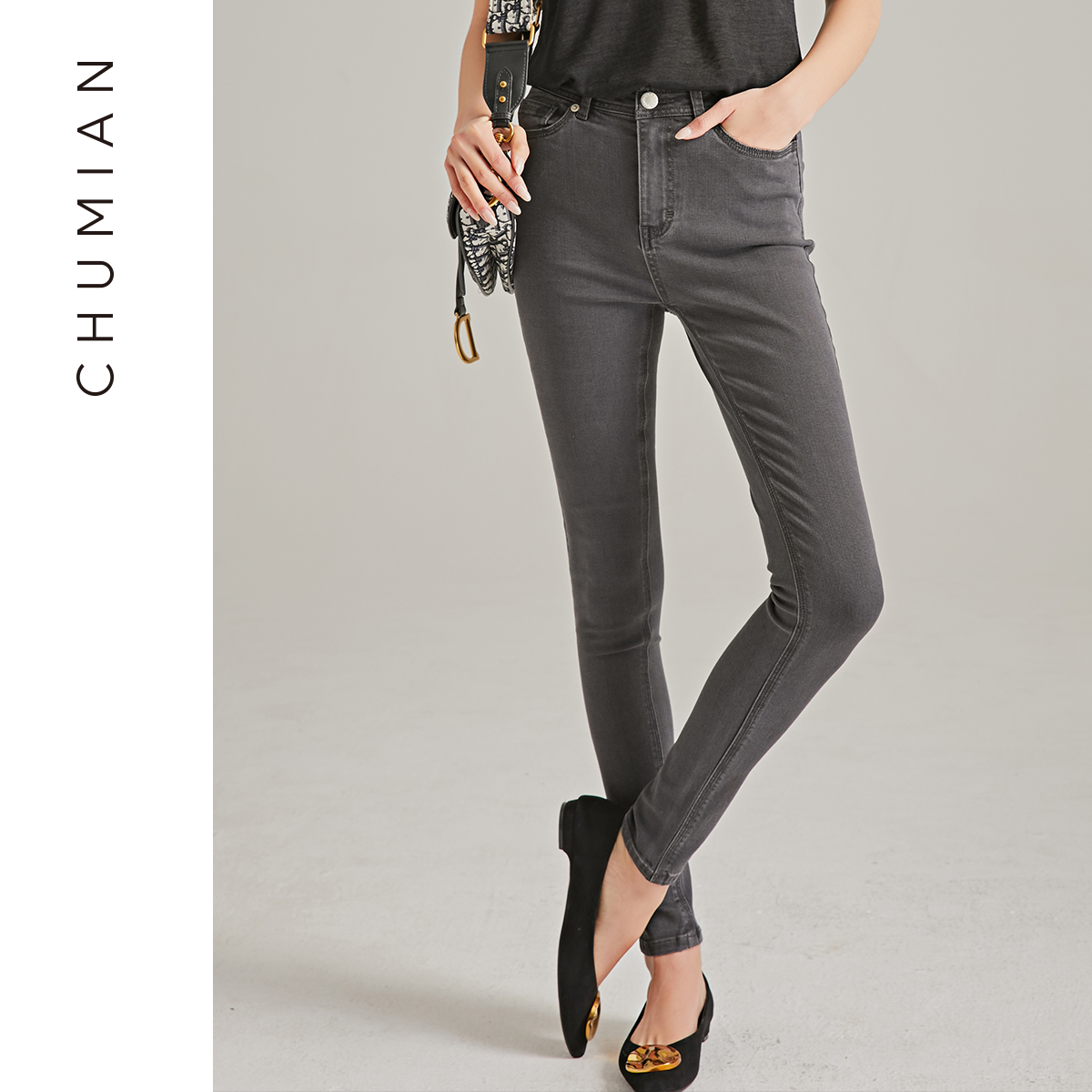 Early cotton base Black gray pencil pants women's 2019 new stretch slim jeans pants trousers