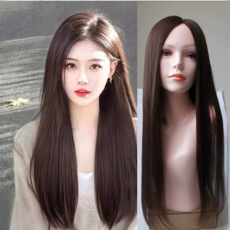 Double-Needle Wig for Women, Natural, Seamless, Realistic Full Head Wig, Medium-Length Hair, Real Hair Strands, Middle Part, High-End Wig Headgear