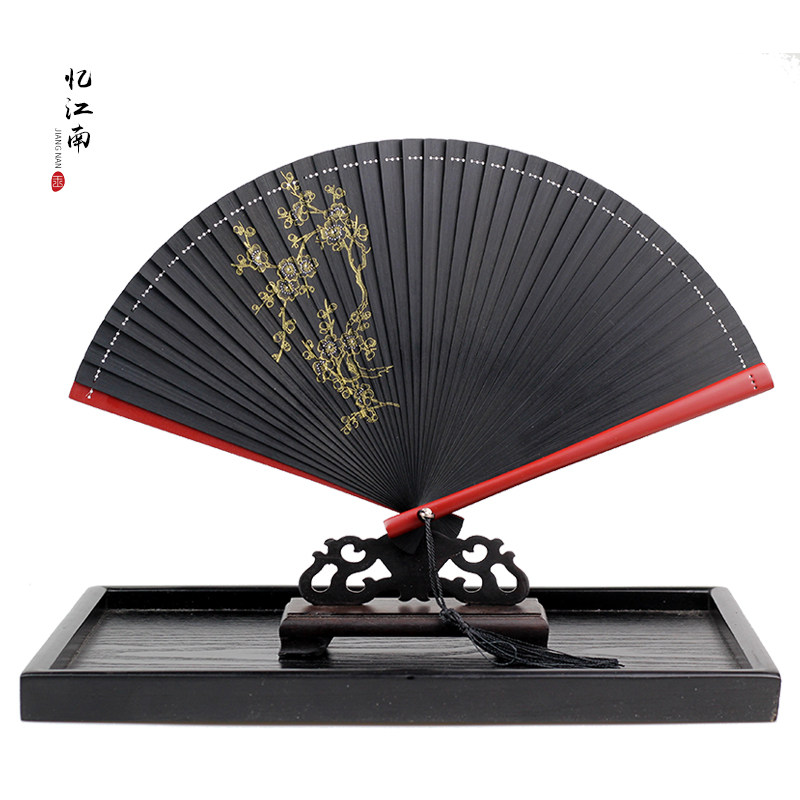 Black Lotus Flower Spray Painted Full Bamboo Folding Fan China Wind Classical Ancient Wind Ancient Dress Portable Fold small fan Summer cool fan