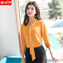 2019 spring new bow top womens middle sleeve shirt Han Fan Chiffon shirt white spring base shirt