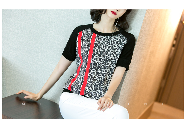 Mi Siyang 2018 mùa thu thời trang mới geometric silk in khâu vòng cổ năm điểm tay áo T-Shirt áo sơ mi nữ mùa hè áo phông nữ tay lỡ