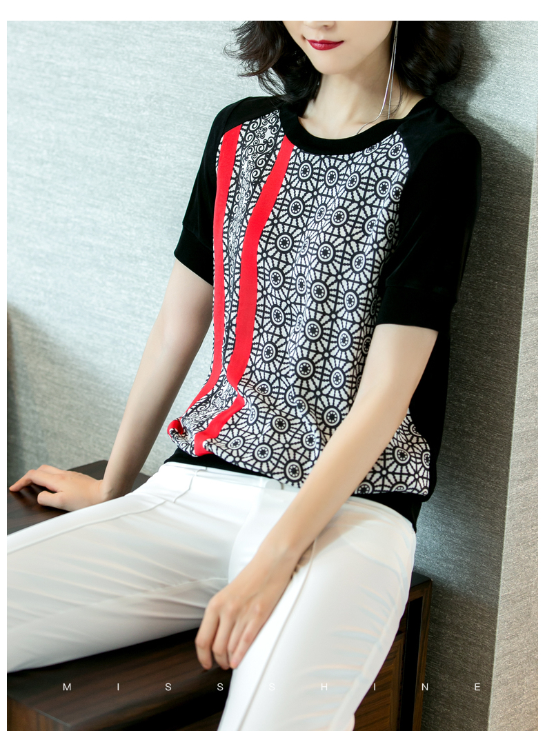 Mi Siyang 2018 mùa thu thời trang mới geometric silk in khâu vòng cổ năm điểm tay áo T-Shirt áo sơ mi nữ mùa hè áo phông nữ tay lỡ