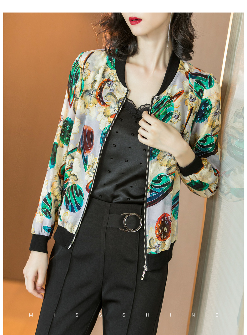 Mi Siyang 2018 mùa thu mới Châu Âu và Mỹ phong cách tóm tắt silk in Mỏng mỏng quần áo bóng chày áo khoác ngắn nữ áo nữ