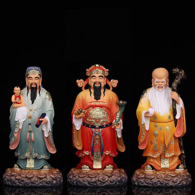 Three Stars of Fortune and Longevity God Statue: Stars of Fortune, Stars of Longevity, Stars of Good Fortune, Antarctic Immortal, Resin, Fiberglass, Wood Carving, Cast Bronze Ornament