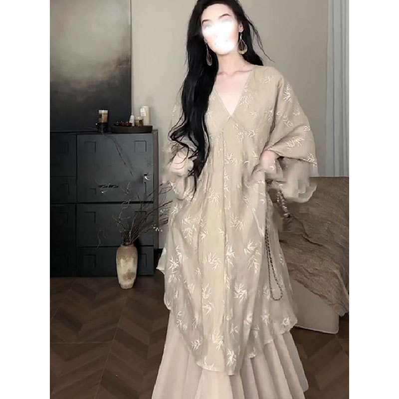 New Chinese-Style V-Neck Cape Shirt Dress for Women 2026 New Spliced Slimming Shirt Dress Casual Elegant Long Dress