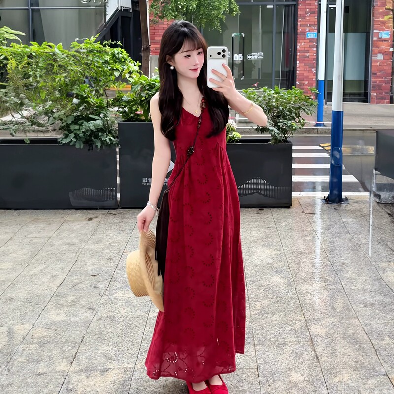French Retro Red Elegant Hollow-Out Spaghetti Strap Dress for Women, New Summer Style, Stunning Long Dress for Seaside Vacation