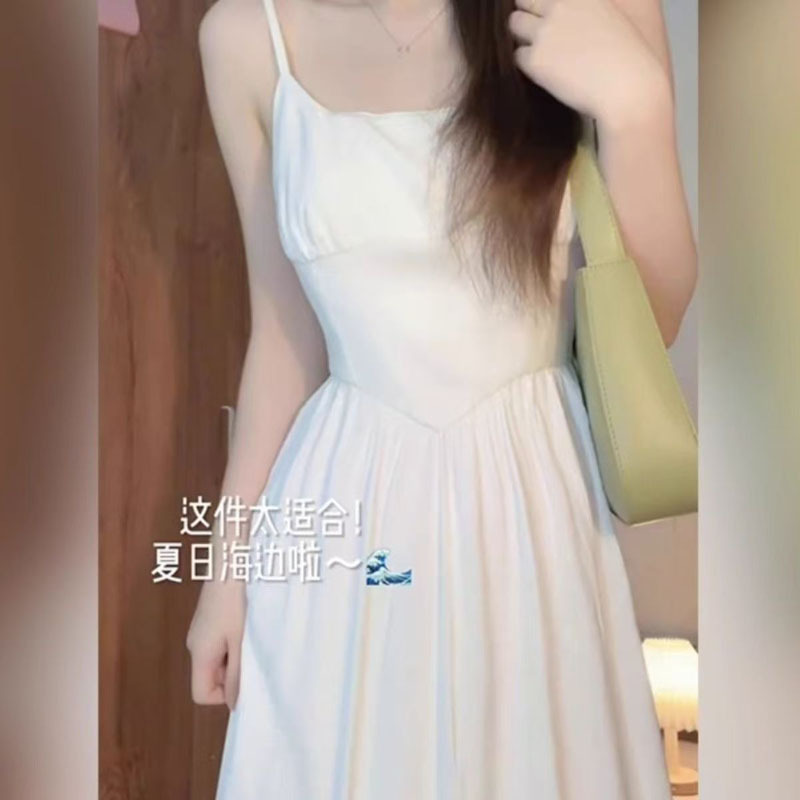 Korean Style White Spaghetti Strap Dress Women's Summer New Tea Break French Gentle Style Waist-Cinching Slimming Long Dress Korean Style White Spaghetti Strap Dress Women's Summer New Tea Break French Gentle Style Waist-Cinching Slimming Long Dress