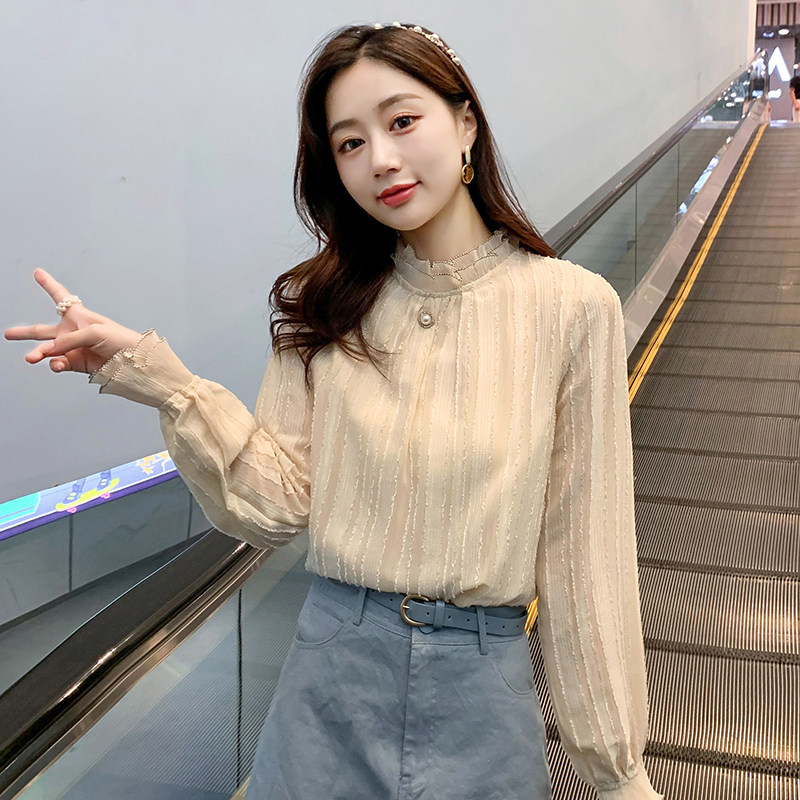 Шифоновая рубашка женская весна и осень, новый стиль, небольшой аромат, женская кружевная темпераментная маленькая рубашка, тонкий женский топ с полувысоким воротником