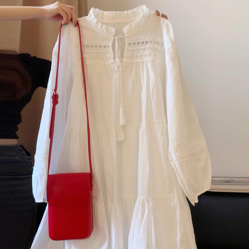 French-Style Casual Hollow-Out White Dress for Women, Long-Sleeved, Spring and Autumn, Niche Design, Petite, Age-Reducing Long Dress