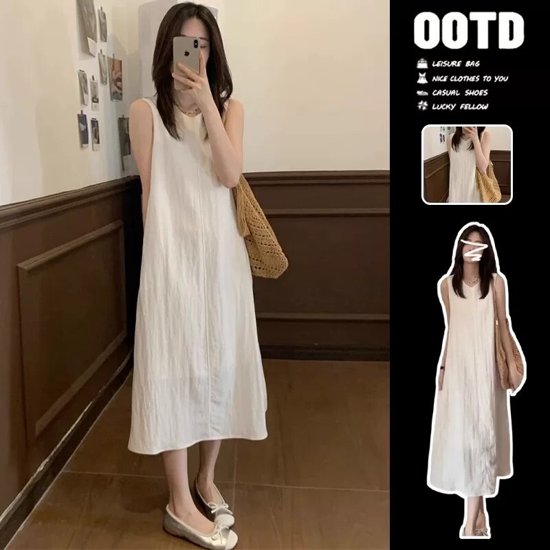 French-Style Lazy White Sleeveless Vest Dress for Women, Summer Slimming, Elegant and Relaxed Mid-Length Dress French-Style Lazy White Sleeveless Vest Dress for Women, Summer Slimming, Elegant and Relaxed Mid-Length Dress