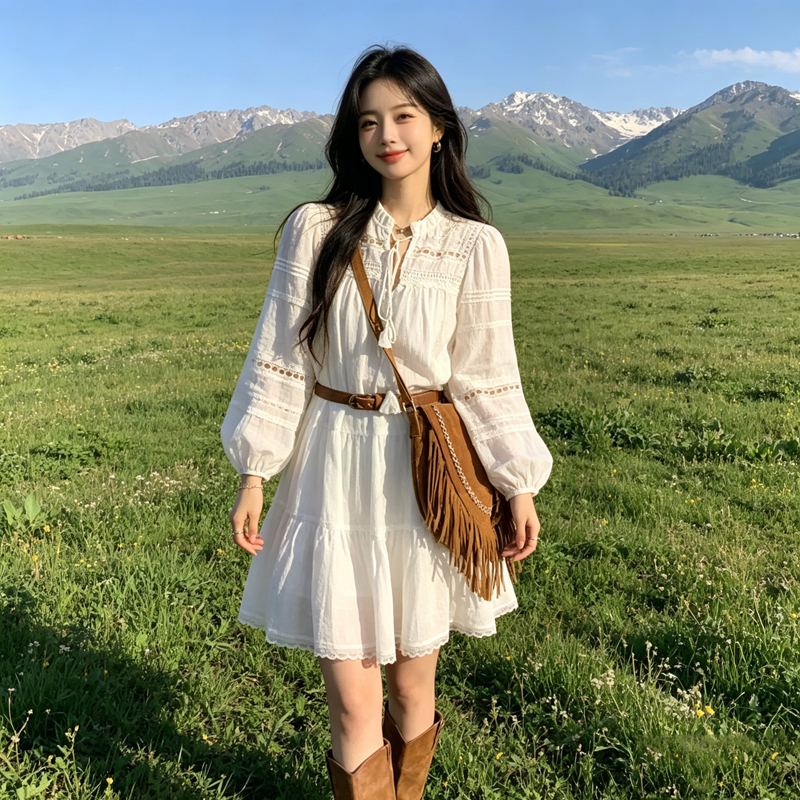 Prairie Travel White Vacation Dress for Women, Spring and Autumn Hollow Lace Lantern Sleeve Bohemian Style Petite Dress Prairie Travel White Vacation Dress for Women, Spring and Autumn Hollow Lace Lantern Sleeve Bohemian Style Petite Dress