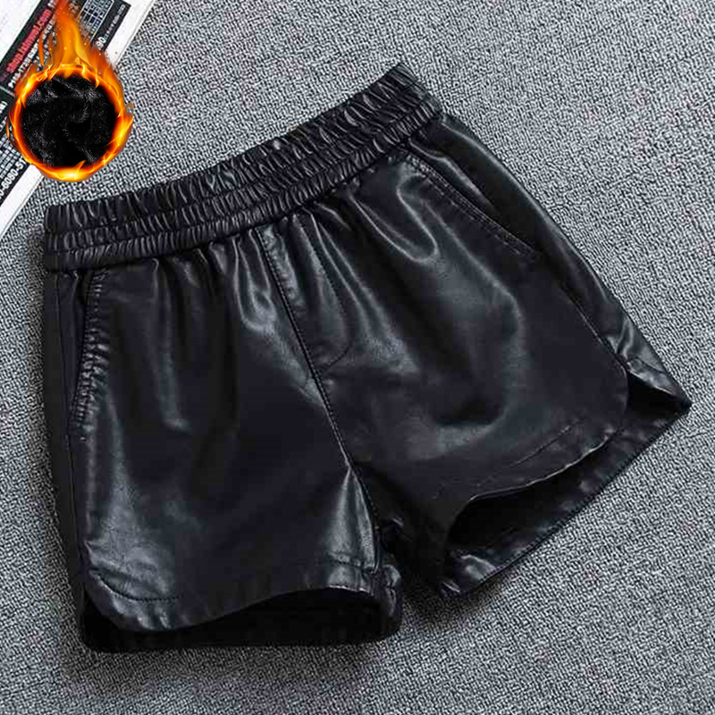 Leather Shorts for Women Spring & Fall Thin Winter Velvet High Waist Elastic Waist Outer Wear Large Size Loose Versatile Wide Leg Boot Pants Trendy