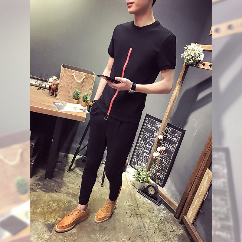 男士韩版夏季两件套装修身潮流圆领夏天短袖T恤薄款九分裤休闲装