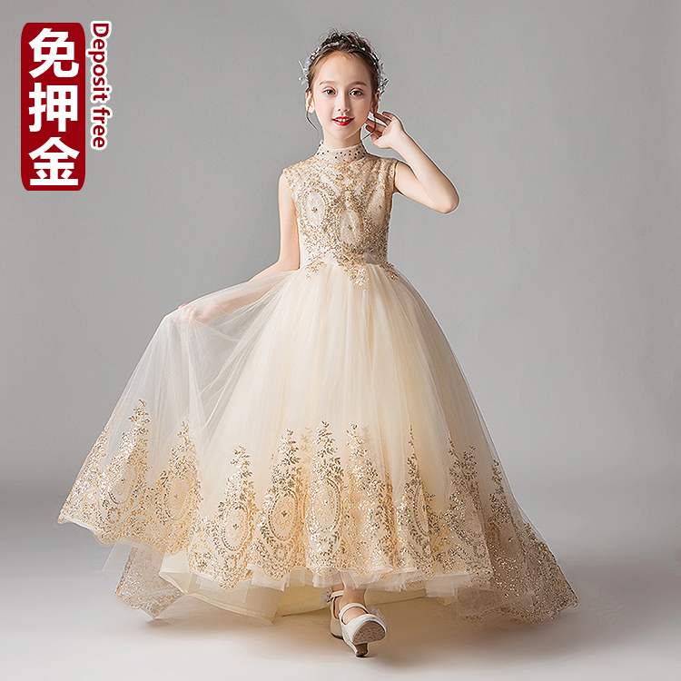 Rental flower boy gold wedding dress long dress little girl model catwalk long edo champagne shiny dress rental NL76
