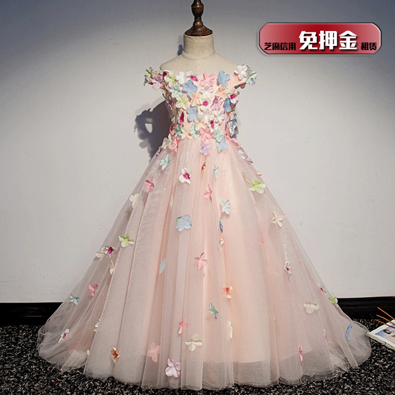 Rental children's singing fairy dress girl pink flower fairy princess wedding dress model catwalk clothing N110