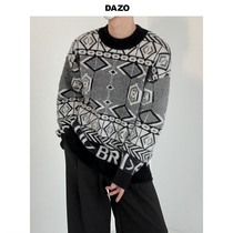 DAZO autumn and winter sweater mens loose and lazy wind horse fur knit sweatshirt round collar 100 hitch-wave geometric pattern