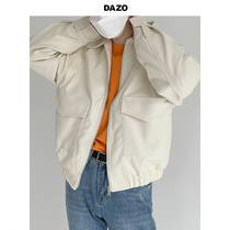 DAZO white short leather leather jacket men loose leather clothes mens spring and autumn Korean version Chains locomotive jacket tide cards