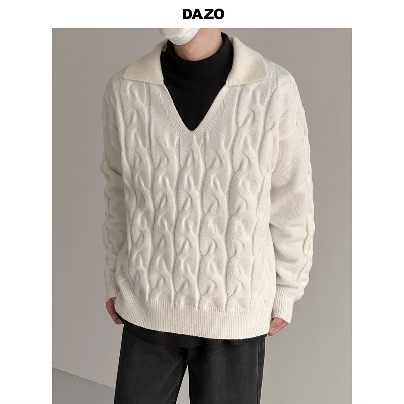 Dazo Niche Design Cable Knit Sweater for Men with Notched Lapel, Loose Fit, Spring and Autumn Style, Casual and Trendy Top Dazo Niche Design Cable Knit Sweater for Men with Notched Lapel, Loose Fit, Spring and Autumn Style, Casual and Trendy Top