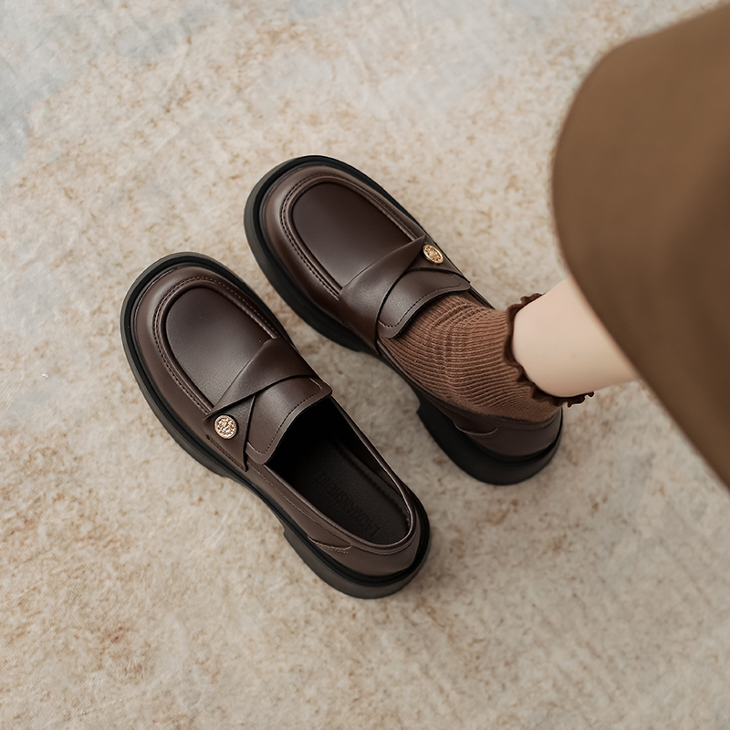 Genuine Leather Coin Loafers for Women, British Style, 2026 Autumn and Winter New Style, Chunky Heel Single Shoes, Thick-Soled Slip-On Small Leather Shoes