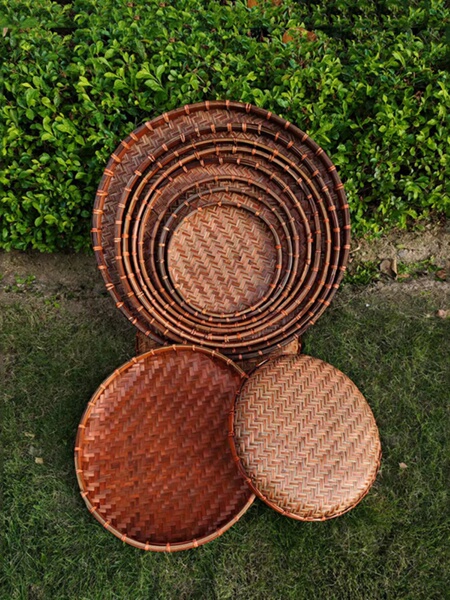 Vintage-Colored Sun-Dried Bamboo Green Top-Layer Round Basket Weaving, Bamboo Products, Woven Flat Bamboo Baskets, Handmade Bamboo Crafts