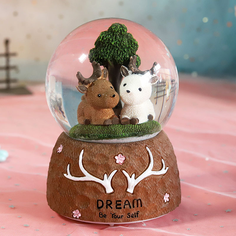 Creative colorful lights floating snowflake cartoon deer glass crystal ball music box ornaments Children girls Day gifts