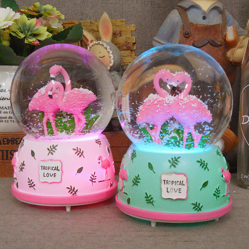 Creative Love Flamingo Lantern Snowflake Glass Crystal Ball Music Box Girls Couples Children Birthday Gifts