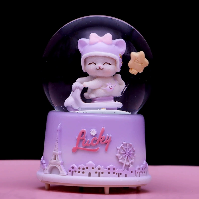 Creative Color Lights Float Snowflake Rotating Cartoon Bicycling Small Rabbit Glass Water Crystal Ball Music Box Children Girl Girl Day Gift