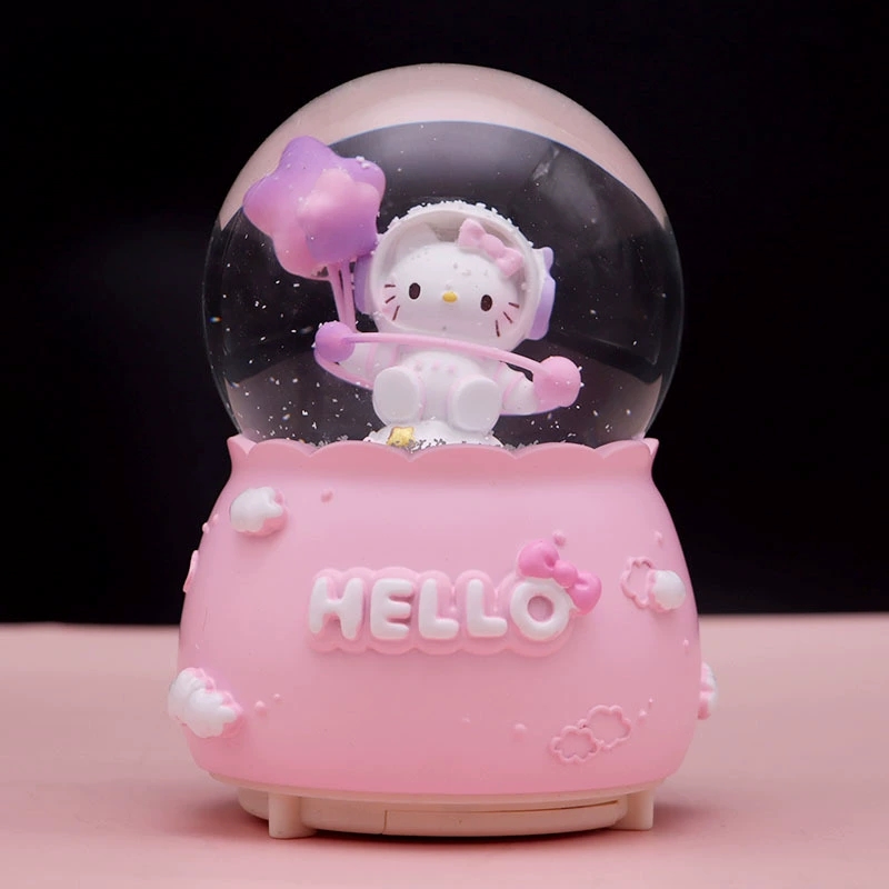 Creative Pink Space KT Cat Floating Snow Flows Glass Crystal Ball Music Box Children's Day Gift