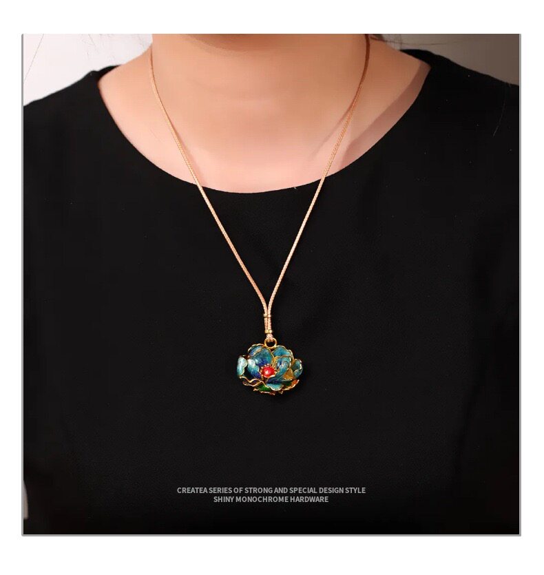 товар из китая 轻奢国风足银9999牡丹花项链女珐琅彩民族风纯银吊坠长款毛衣链