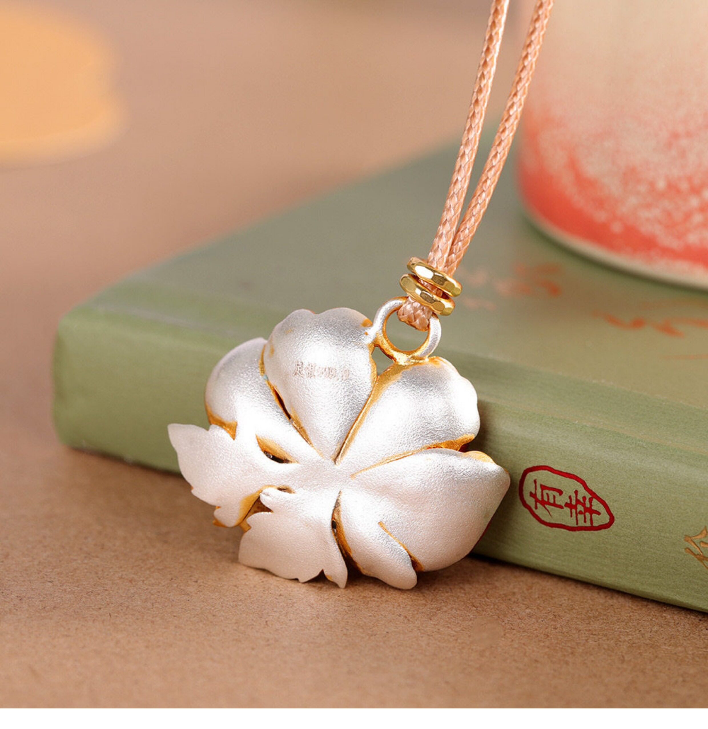 товар из китая 轻奢国风足银9999牡丹花项链女珐琅彩民族风纯银吊坠长款毛衣链