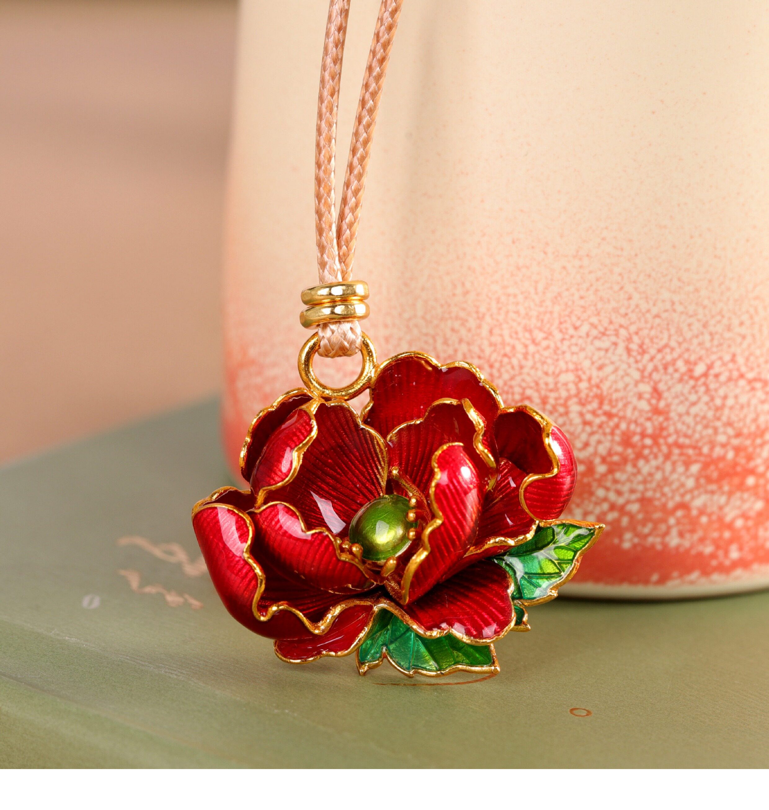 товар из китая 轻奢国风足银9999牡丹花项链女珐琅彩民族风纯银吊坠长款毛衣链